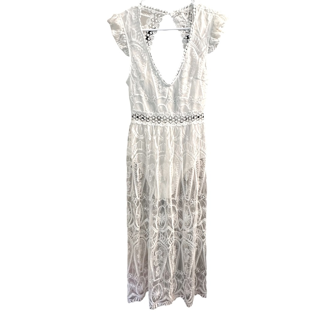 Lace White Maxi Deep V Neck Bodysuit Lace Dress S - Picture 2 of 11
